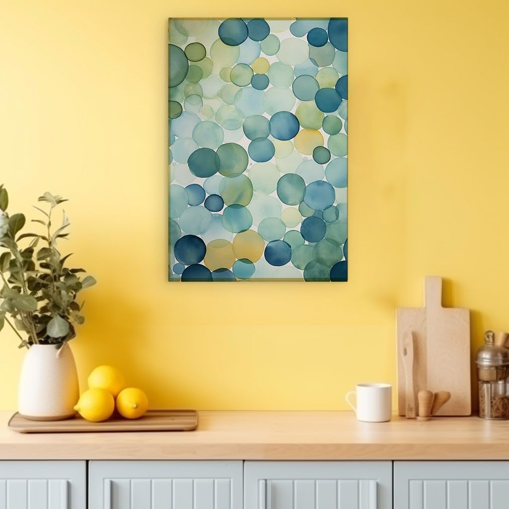 Canvas for Living room. Harmony in Hues: A Symphony of Blue and Green Circles in Abstract Watercolor Artistry, 27 x 18 inch Canvas Wall Art - Contemporary Masterpieces - Modern Home Decor