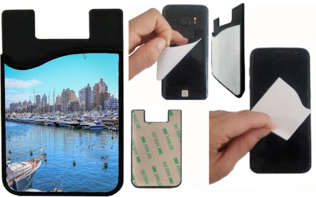 Island Gifting Neoprene Stick-on ID Card Holder for iPhone/Galaxy/Google Android Cases Featuring Image of City and Marina Punta Del Este in Uruguay