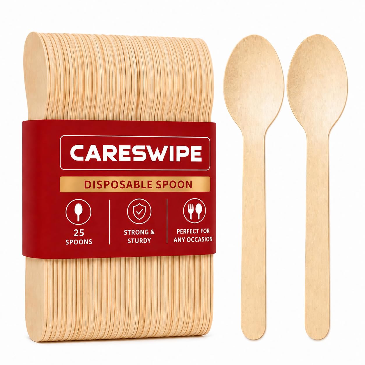 Careswipe Wooden Disposable Spoons - 160mm Pack of 25 Strong Single-Use Spoons Smooth Finish, Splinter-Free| Perfect for Ice Cream, Parties, Events, Camping