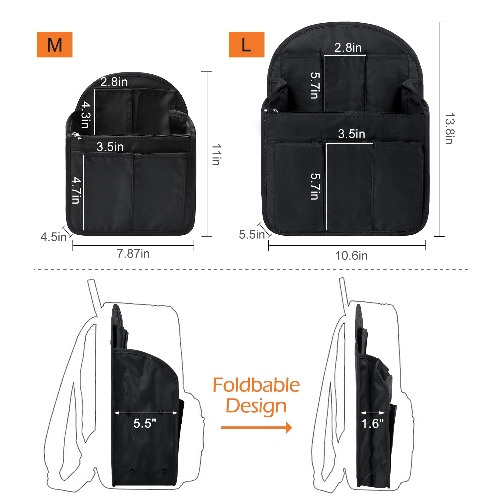 Surblue Organizador de mochila con forro de inserción, mochila de viaje para colgar y bolsillo de inserción de bolso, divisor de alta capacidad, organizador de bolsa de hombro plegable de nailon para
