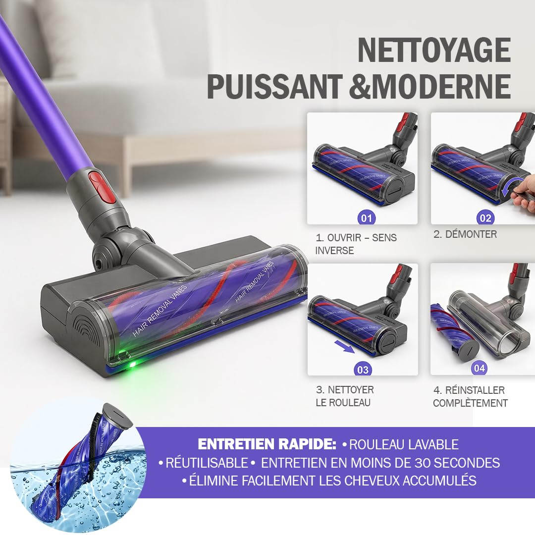 Brosse Compatible Dyson V15 V11 V10 V8 V7, Tête Aspirateur Dyson avec LED Verte et Anti-Enchevêtrement, Nettoyage Efficace des Poils d'Animaux sur Tapis, Moquettes et Sols Durs | LED Verte Intégrée et Technologie Anti-Enchevêtrement