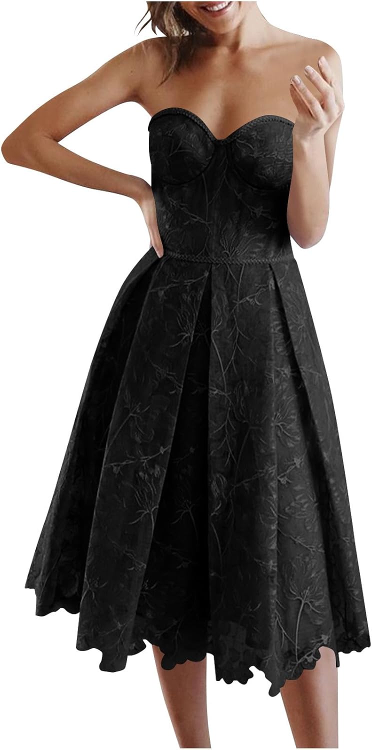 Women's Tube Dress Summer Strapless Jacquard Tulle Dresses Trendy Corset A Line Midi Cocktail Elegant Party Dresses