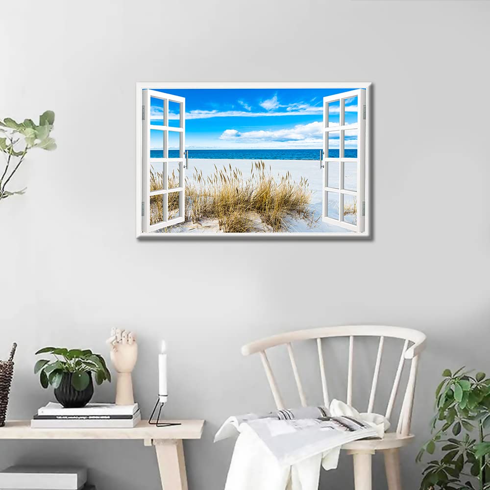 TISHIRON 3D Window Effect Beach Canvas Wall Art for Home Decor Artwork Sea Sandy White Beach Landscape Painting on Canvas for Living Room Framed Ready to Hang 12x18inch (30x45cm) - Image 3