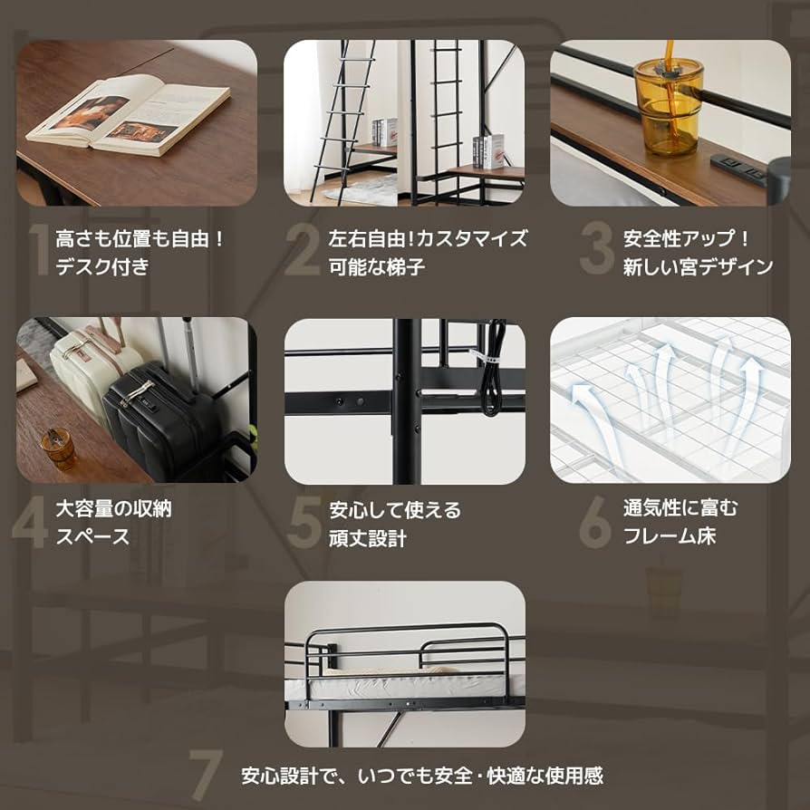 ブラックシステムベットロフトベッド シングル スチールネット付き移動型デスク付き Amazon.co.jp: システムベット ロフトベッド シングル デスク