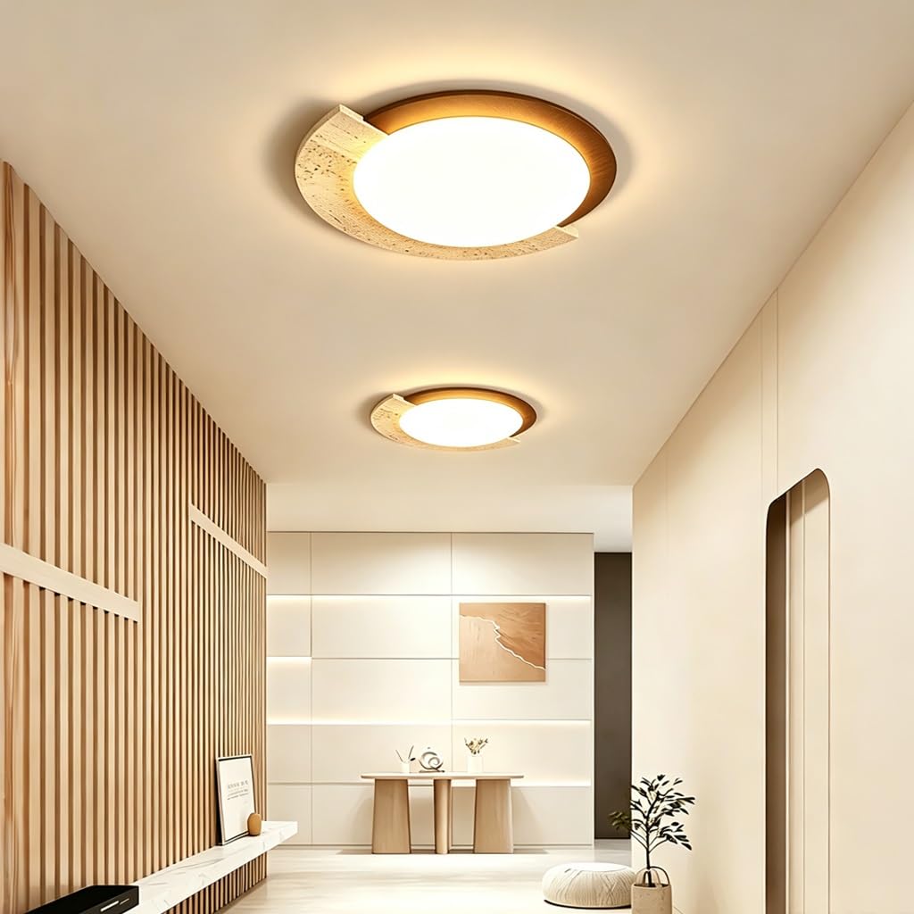 Lámpara De Techo De Piedra Huangdong De Estilo Wabi-sabi LED 52 W Lámpara De Techo Redonda Con Marco De Madera Maciza Temperatura De Color Regulable En Tres Tonos Ideal Para El Salón