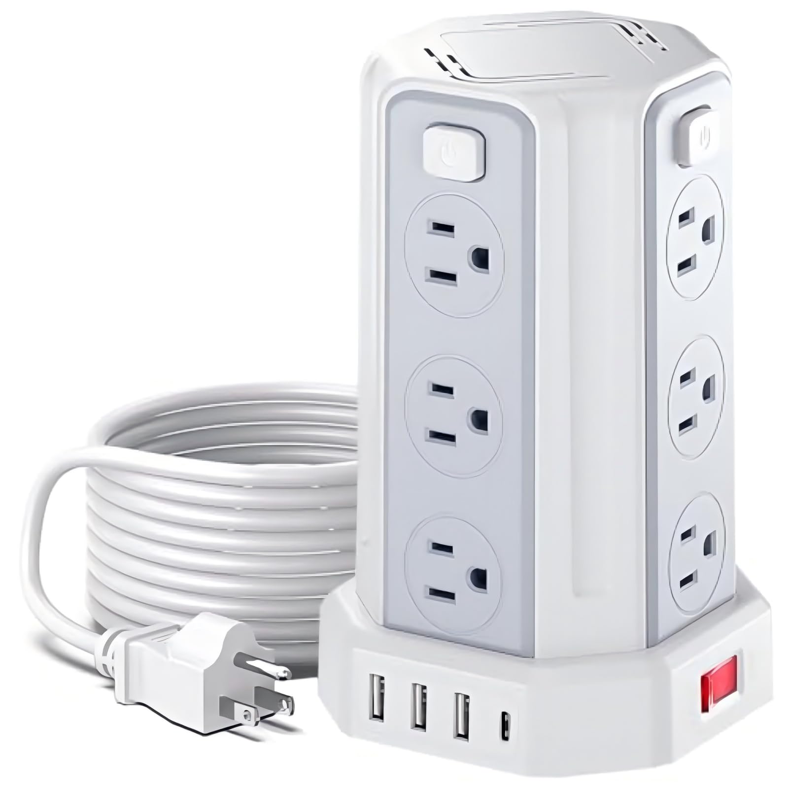 Power Strip Surge Protector 10 Ft Extension Cord with 12 AC Multiple Outlets 4 USB 1 USB C