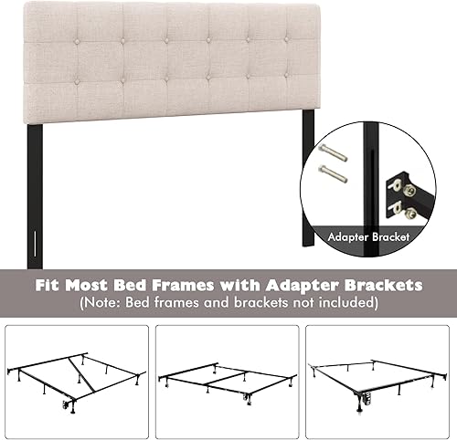 Miniatura 9 de Giantex Cabecera tapizada de lino, cabecera capitoné de ancho ajustable con botones solo con patas de madera maciza, marco de fijación, cabeceras