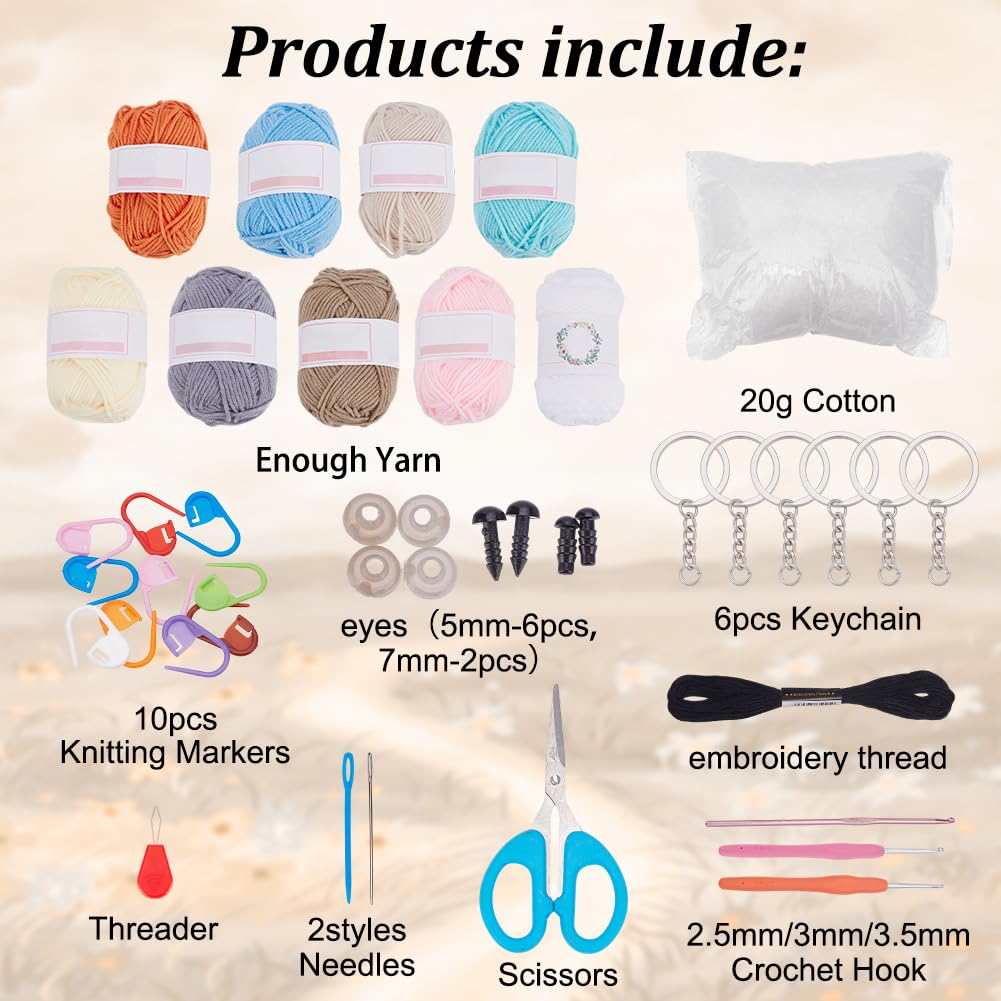 ACRNIGHEET Crochet Kit for Beginners Keychain 6PCS Crochet Animals Keychain Beginner Crochet Kit with Step-by-Step Video Tutorials and Accessories, DIY Knitting Supplies for Handicraft Enthusiasts