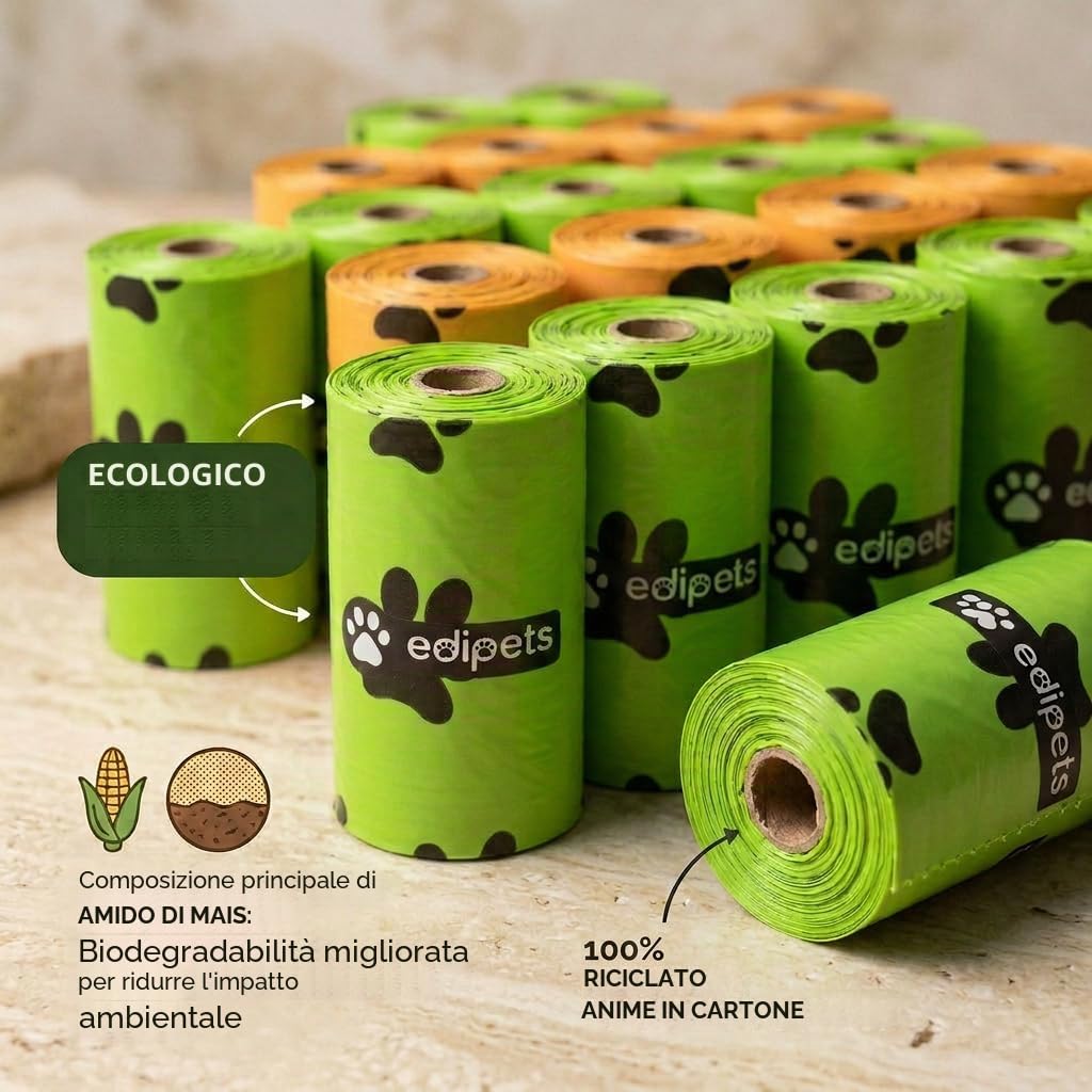 Edipets, Sacchetti Cane Biodegradabili, 405 o 540 pezzi, Extra Spesso, a prova di Perdite, non Profumati, Sacchettini per Cani, Raccogli Feci, Pet Bag (36 rotoli / 540 unità)