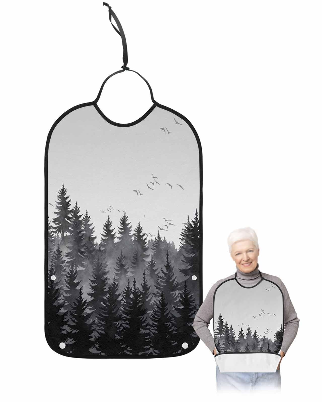 LEOKOTI Black Grey Forest Adult Bibs for Eating, Waterproof Bibs with Food Catcher & Adjustable Snap Closure, Rustic Pine Tree Birds Farmhouse Washable Clothing Protectors Adult Bibs for Elderly