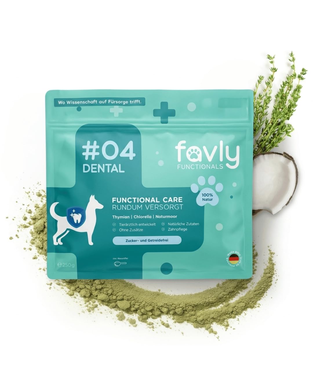 FAVLY – DENTAL polvere per la cura dei denti per cani, 250 g, mangime complementare per denti in polvere per cani contro l'alito e la placca dentale, con clorella biologica e prezzemolo, senza cereali