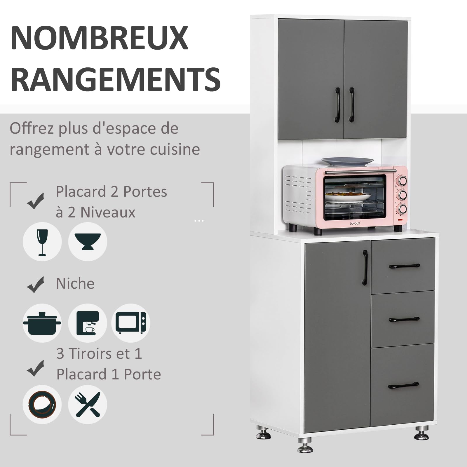 HOMCOM Armoire de Cuisine Multi-Rangements 60L x 40l x 160H cm Gris Blanc