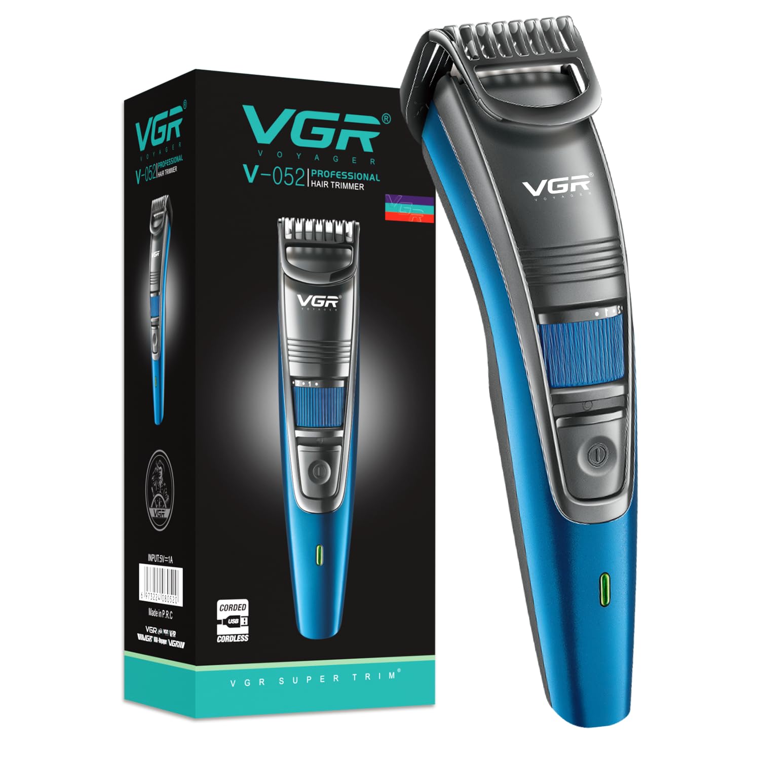VGR, V052 Professional Hair Clippers Rechargeable Cordless Beard Hair Trimmer Haircut Kit with Guide Combs Brush USB Cord for Men Family or Pets, Blue