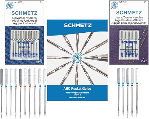 SCHMETZ Paquete combinado de agujas universales para máquina de coser (15 agujas en total y 1 guía de bolsillo SCHMETZ ABC)
