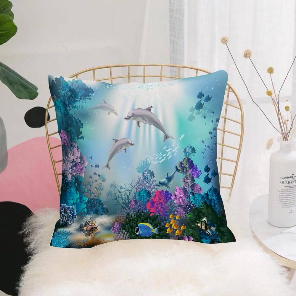 HYOSXW Cushion Cover,Throw Pillow Case Home Decorative for Living Room Bedroom Sofa Chair 16X16 Inch,Charming underwater world dolphins and coral reefs, dolphins in colorful marine,Pillowcase 40X40cm