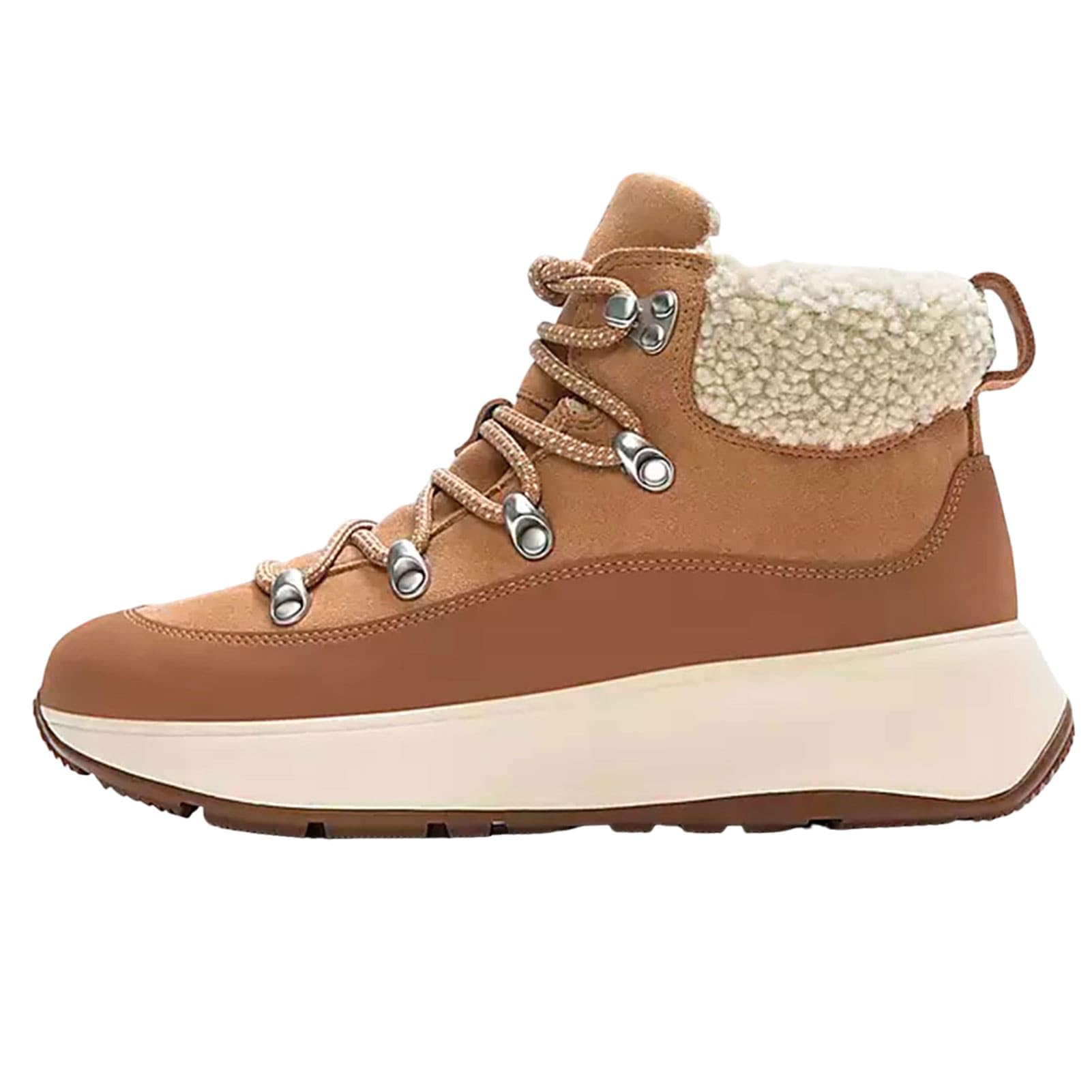Fitflop F-Mode Damen-Stiefelette mit Teddy-Kragen, warmes Wildleder, Schnürstiefelette, Wüstenbraun, Größe 37, Desert Tan, 37.5 EU