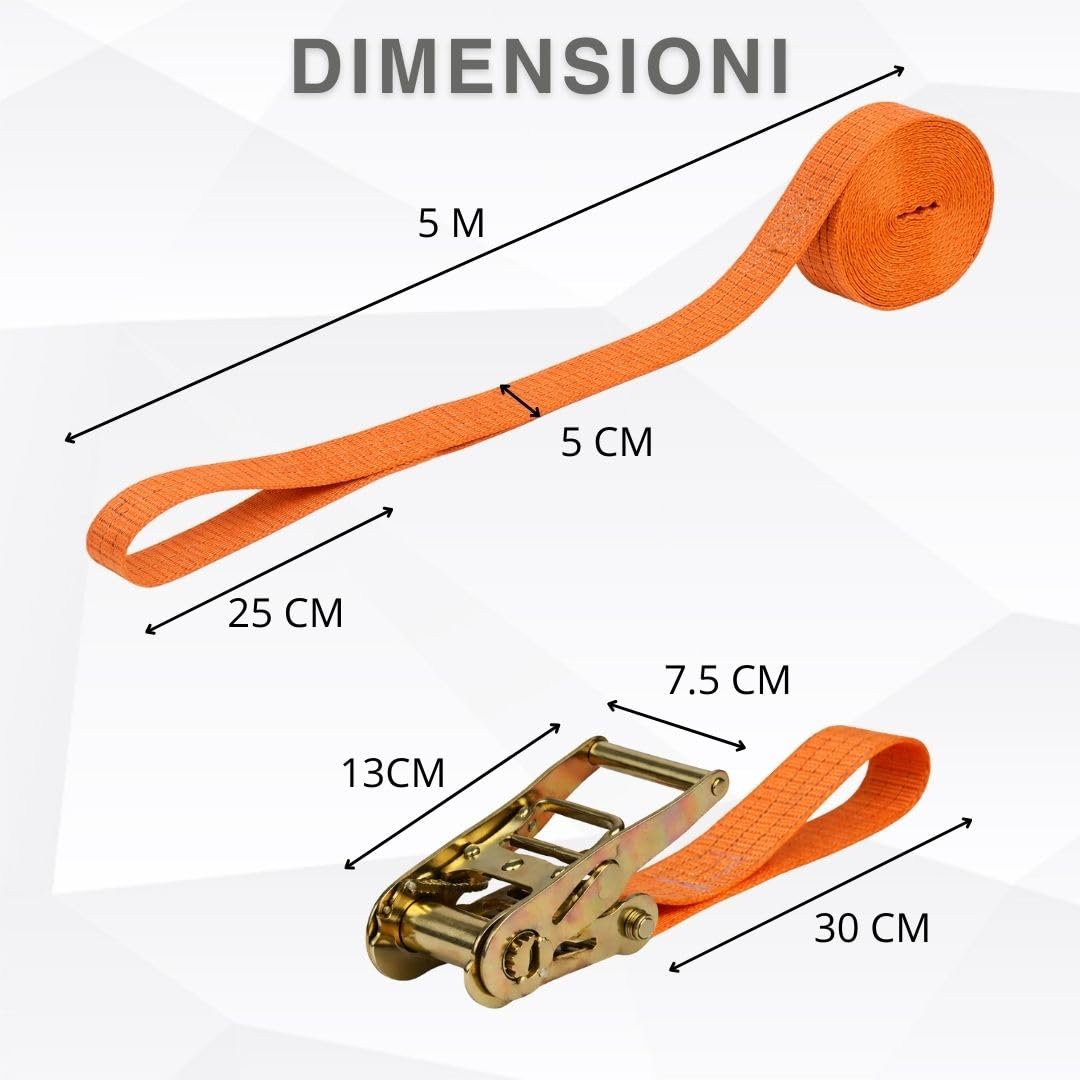 Cinghia con Cricchetto 5m x 50mm Set 2 Pezzi | Cinghia Ancoraggio per Fissaggio Carico | Cinghia Trasporto per Rimorchio Auto