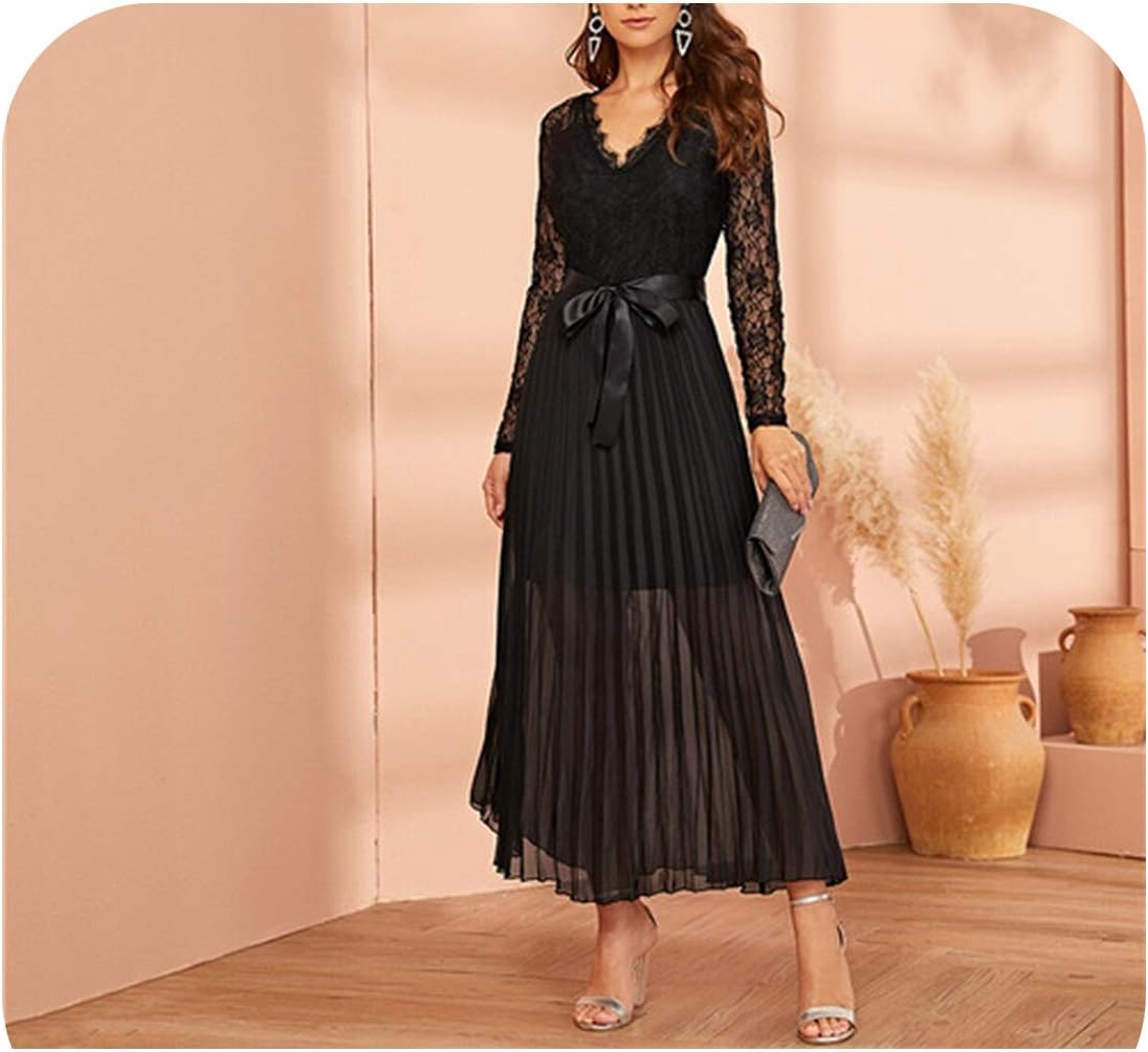 Black Lace Panel Hem Belted Pleated Sheer Dress Women V