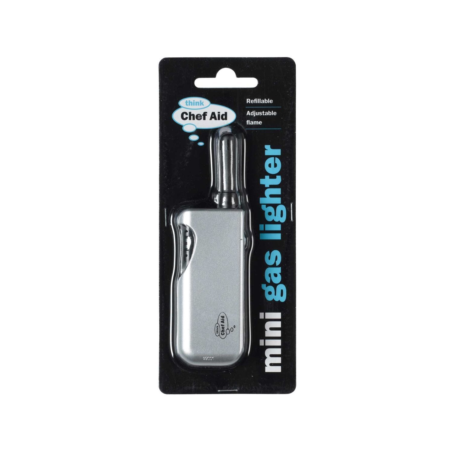 Chef Aid Silver Small Refillable Gas Lighter, Adjustable Flame, Lockable Safety Switch, Ideal For Kitchen, Bbq, Fireplaces & Candle Lighting