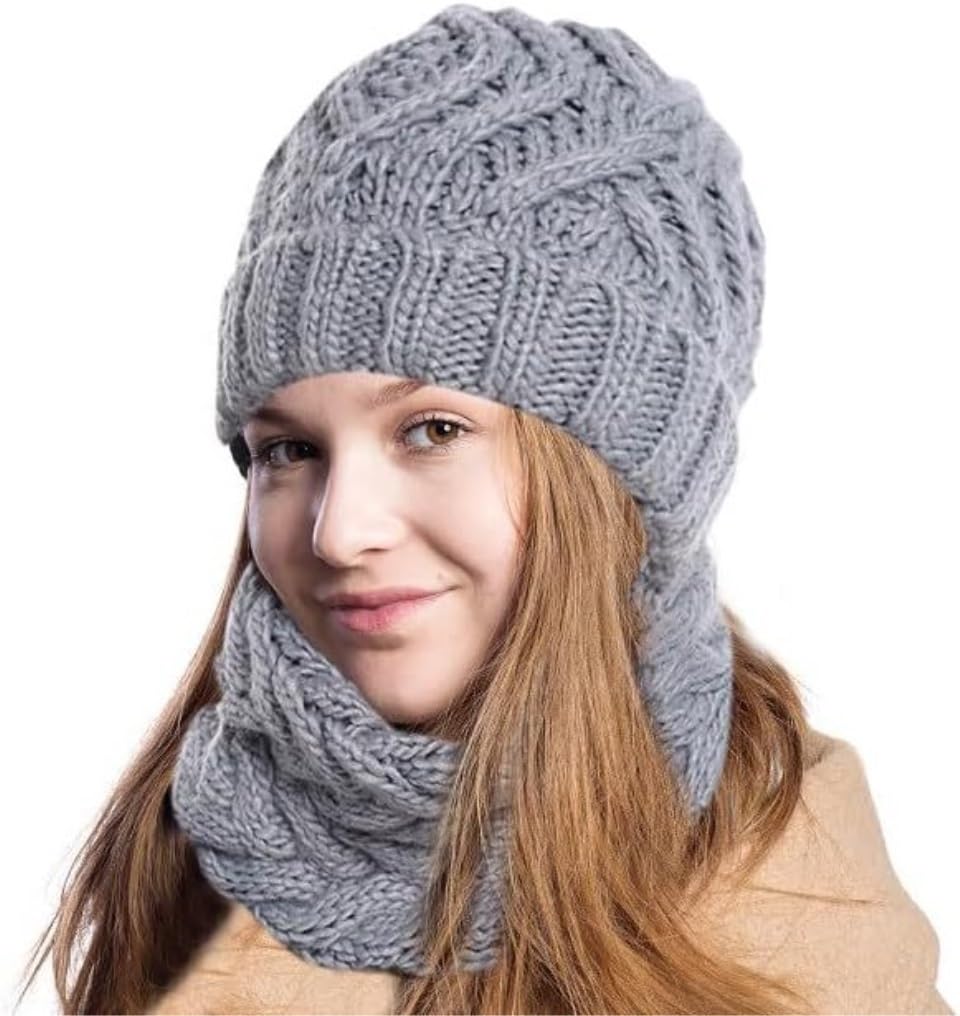 Mützen Winter Mützen Damen Winter-Strickmütze Und Schal-Set, Halswärmer, Mädchen, Lässig, Dick Wintermütze (Color : D, Size : One Size)
