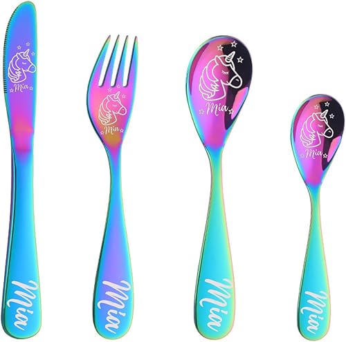 Personalized Dinosaur Unicorn Cutlery Set of 34, Laser Engraved Custom Name Engraved Spoon Knife Fork Set - 8 Colors Children's Stainless Steel