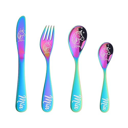 Personalized Dinosaur Unicorn Cutlery Set of 3/4, Laser Engraved Custom Name Engraved Spoon Knife Fork Set - 8 Colors Children's Stainless Steel Cutlery Set for Kitchen Gift for Children, Kids Size