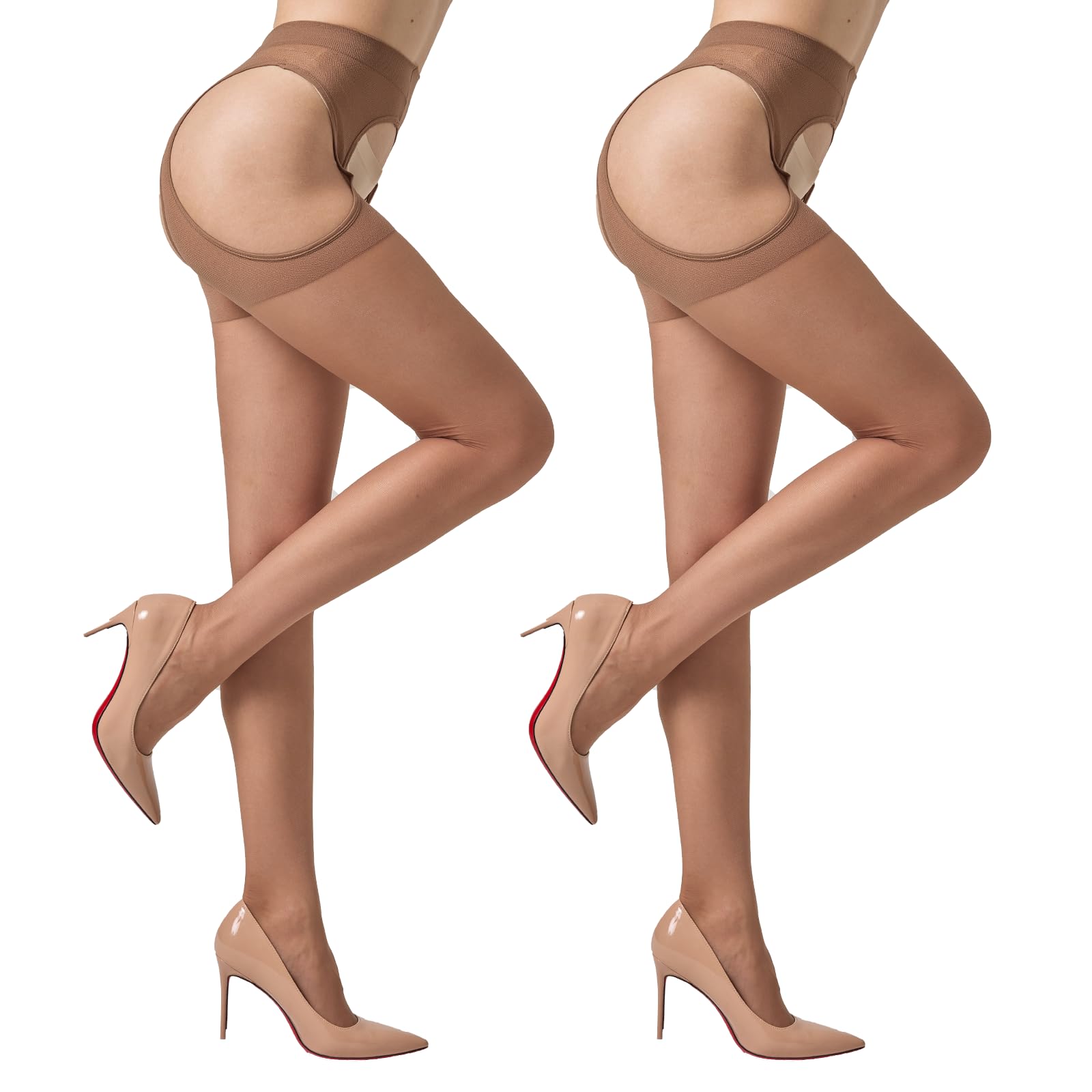 Manzi Women's Brown Suspender Tights For Garter Belt Thigh High Stocking Tights 30D Sheer Crotchless Pantyhose Xl-Xxl