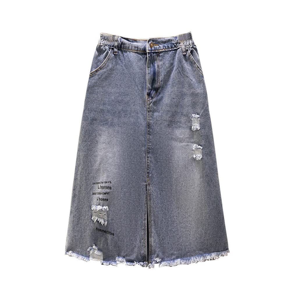 Gonne,Gonna Longuette Da Donna Blu Elastico A Vita Alta Con Spacco In Denim Gonna Invecchiata Con Bordo Grezzo A-Line Increspato Plus Size Lunghezza Al Ginocchio Gonne Lunghe Per Ragazze Signore,Xl