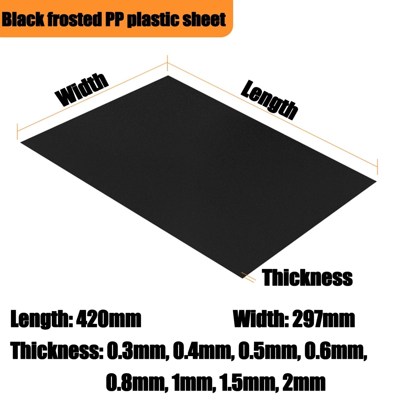 Hojas PP esmeriladas A3 (420×297mm) – Set de 6 placas de polipropileno, espesor 0,3-2mm, acabado mate para corte láser, bricolaje, modelado y uso educativo o industrial(Black,Thick:2mm)