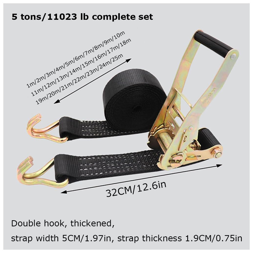 Cinghie A Cricchetto, 11023 Lbs, In Poliestere Resistente, Con Gancio A J, Fissaggio Del Carico Per Biciclette, Camion, Rimorchi, Tetto Auto, Ecc(Nero, 1 Confezione)(L 5m/196.9in)