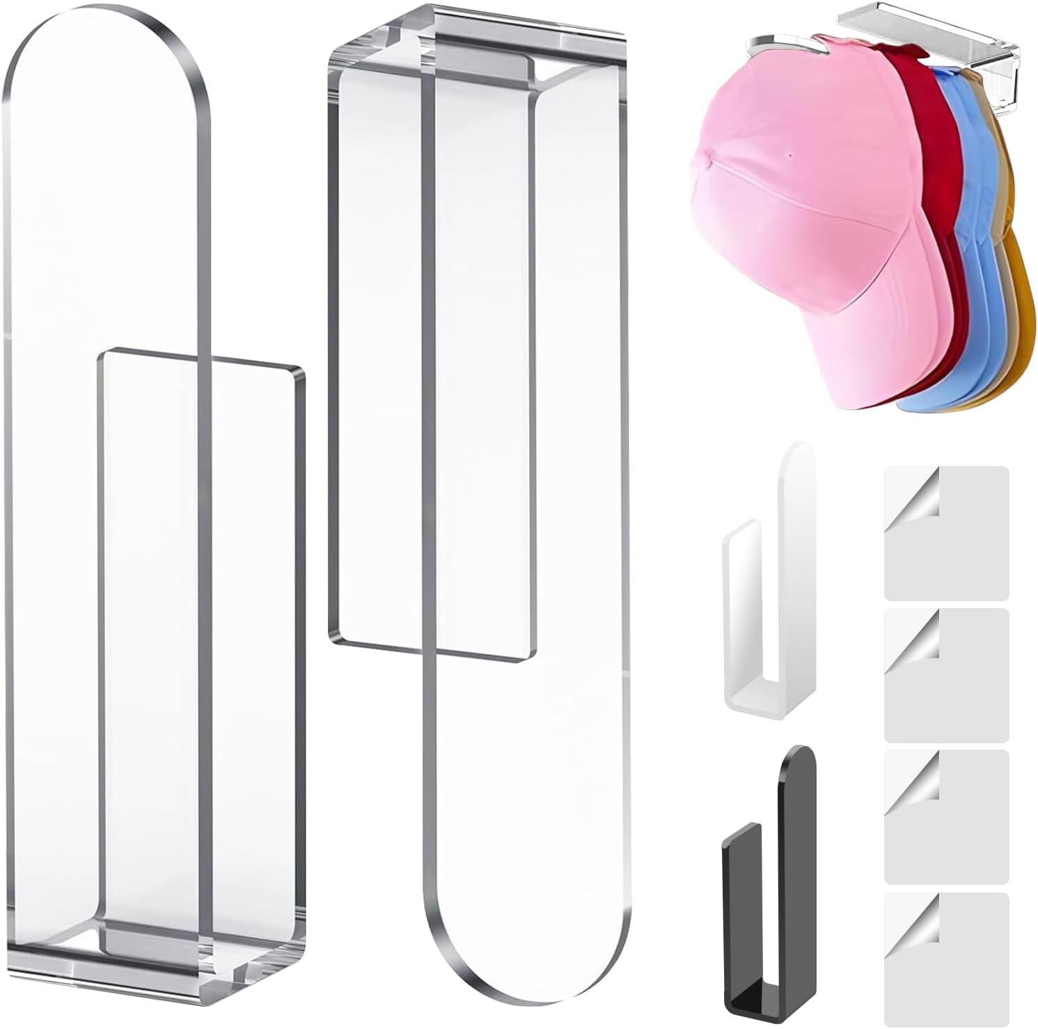B-US-Hook6 Sturdy Acrylic Wall Mount Baseball Hat Hooks, Multi-Purpose Coat Rack Wall Hooks for Walls, Closets and Doors, Self-Adhesive (Black 6 Piece)