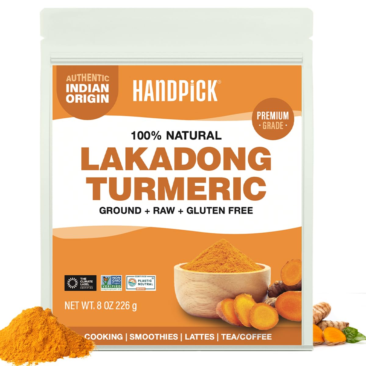 HANDPICK Lakadong High Curcumin Turmeric Powder (226g/ 8oz) Non GMO, Gluten Free, 100% Raw, Sourced from India, High Curcumin, Premium Quality, Packed in Resealable Ziplock Pouch