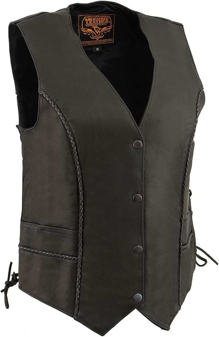 Milwaukee Leather MLL4560 Women's Black Premium Leather Classic Braided Side Lace Deep V-Neck Motorcycle Rider Vest