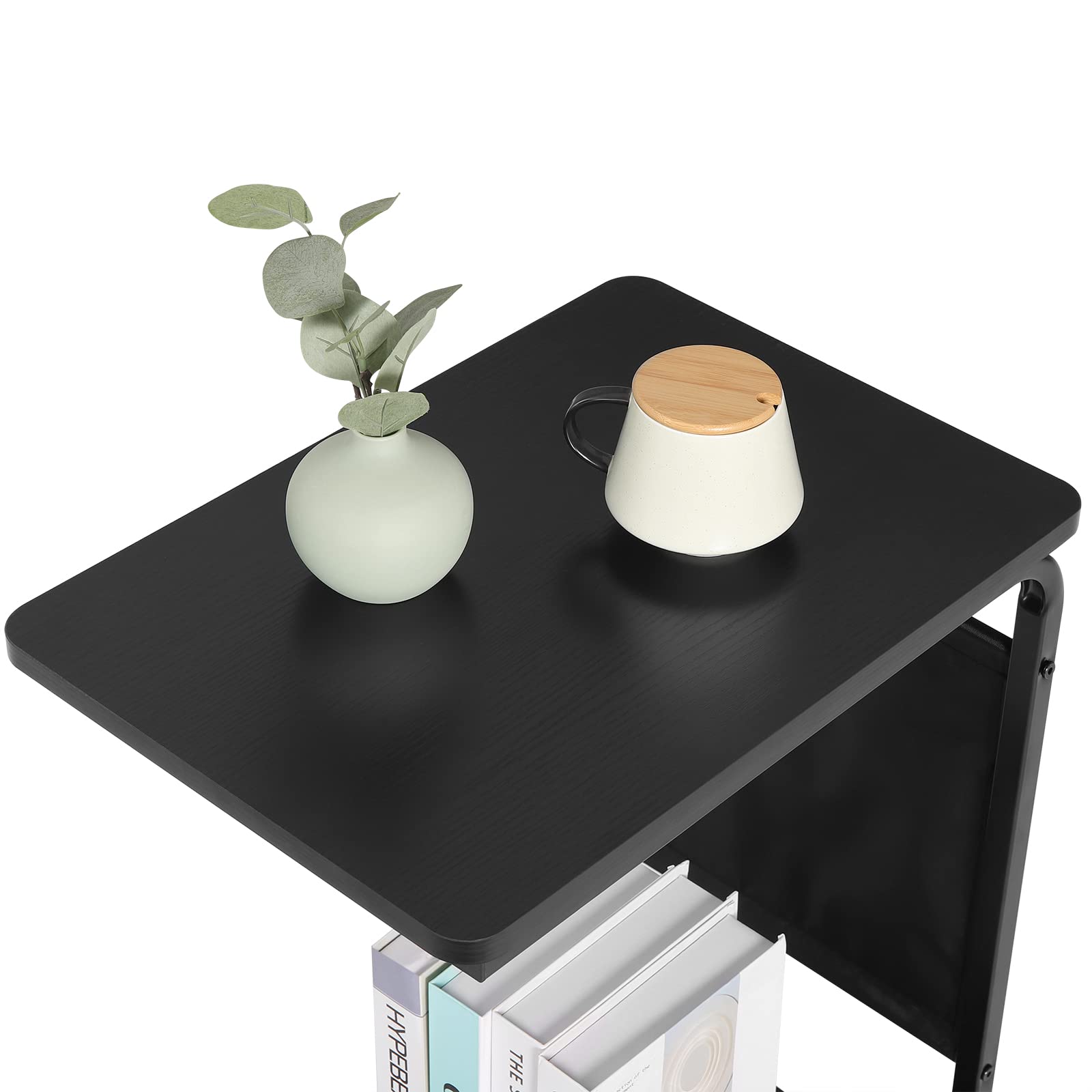 WOLTU Tavolino da caffè, Tavolo con 2 Ripiani e 1 Tasca Laterale, Tavolino Soggiorno a Forma di C, su Rotelle, per Divano Letto, in Legno Truciolare e Metallo, 50x35x62cm, Nero BTS04sz