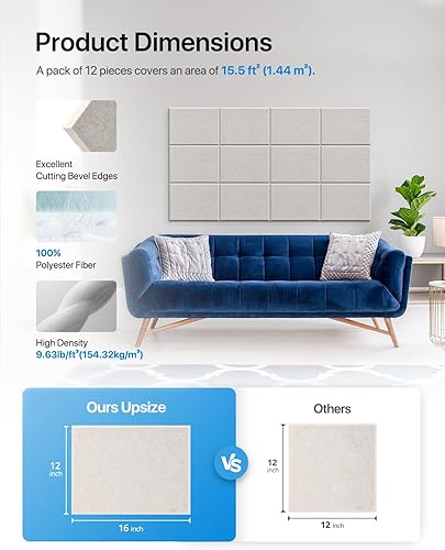 Miniatura 4 de Soundsbay Paneles a prueba de sonido para paredes, paneles de pared insonorizados de 16 x 12 pulgadas, autoadhesivos, paquete de 12 paneles de