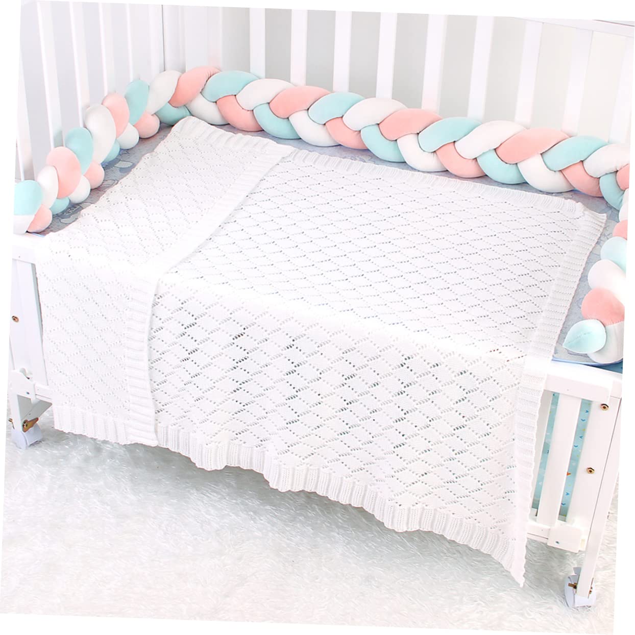 ifundom Coperta Carrozzina Neonata in Filato di Cotone Bianco, Lavorata | Design Traforato, Morbida e Calda, per Inverno e Autunno, Adatta a Passeggino