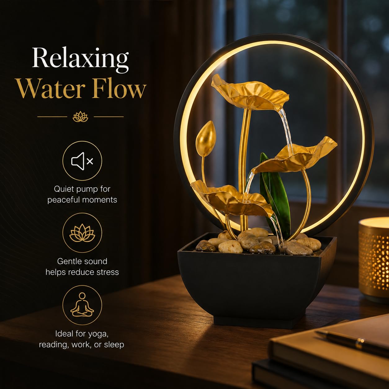 Wasserfall Brunnen für den Innenbereich, Lotusblatt Zimmerbrunnen, Tischbrunnen mit LED Beleuchtung Moderne, Springbrunnen Gartenbrunnen Deko Tischbrunnen mit Geräuschloser Pumpe für Büros, Geschäfte