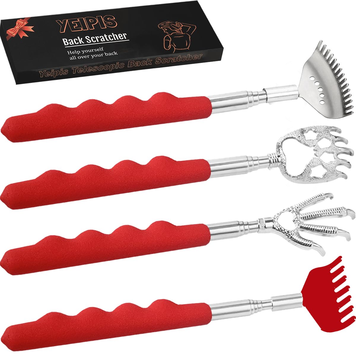 Yeipis 4 Pcs Different Back Scratcher Extendable Back Massager Tool with 吃, Metal Portable Telescoping Back Scratcher with Beautiful Box, Gifts for Men Women Stocking Stuffers (Red)