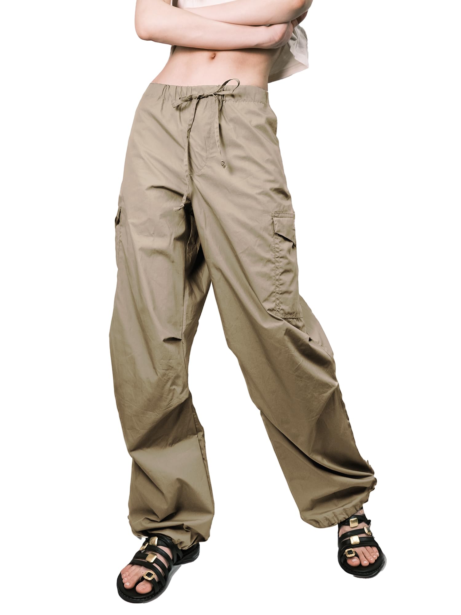Womens Awesome 21 Womens Cargo Pants - Baggy Wide Leg with Ribbon Adjustment