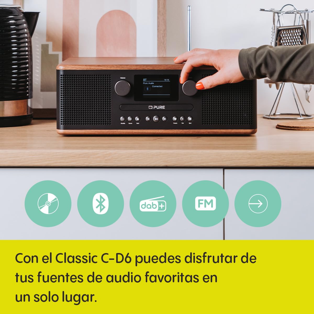 Pure Classic C-D6 Equipo de música (Reproductor de CD, Dab+/FM, Bluetooth, AUX, USB, Alarma Sleeptimer) Café Negro/Nogal