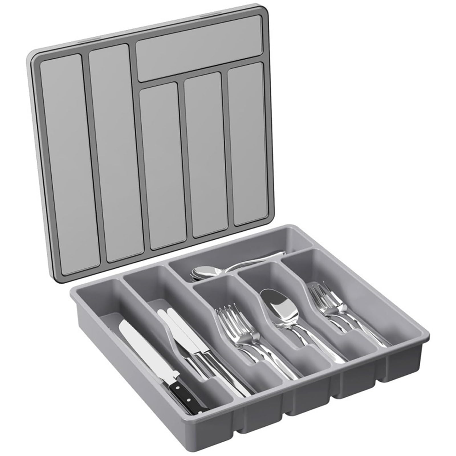 UBOHUZ 2PCS Covered Utensil Tray For Kitchen Drawer And Countertop, Plastic Cutlery And Flatware Storage Box For Spoons Forks Knives for Spoons Forks Knives(Grey)