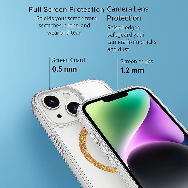 Image of AIBEX Back Cover Case Compatible with iPhone 14 | Glitter Ring Cute Shiny Colorful Bling Case (Compatible with Magsafe) | Transparent PC+TPU Glossy Shiny Cover for Girls & Women - Gold