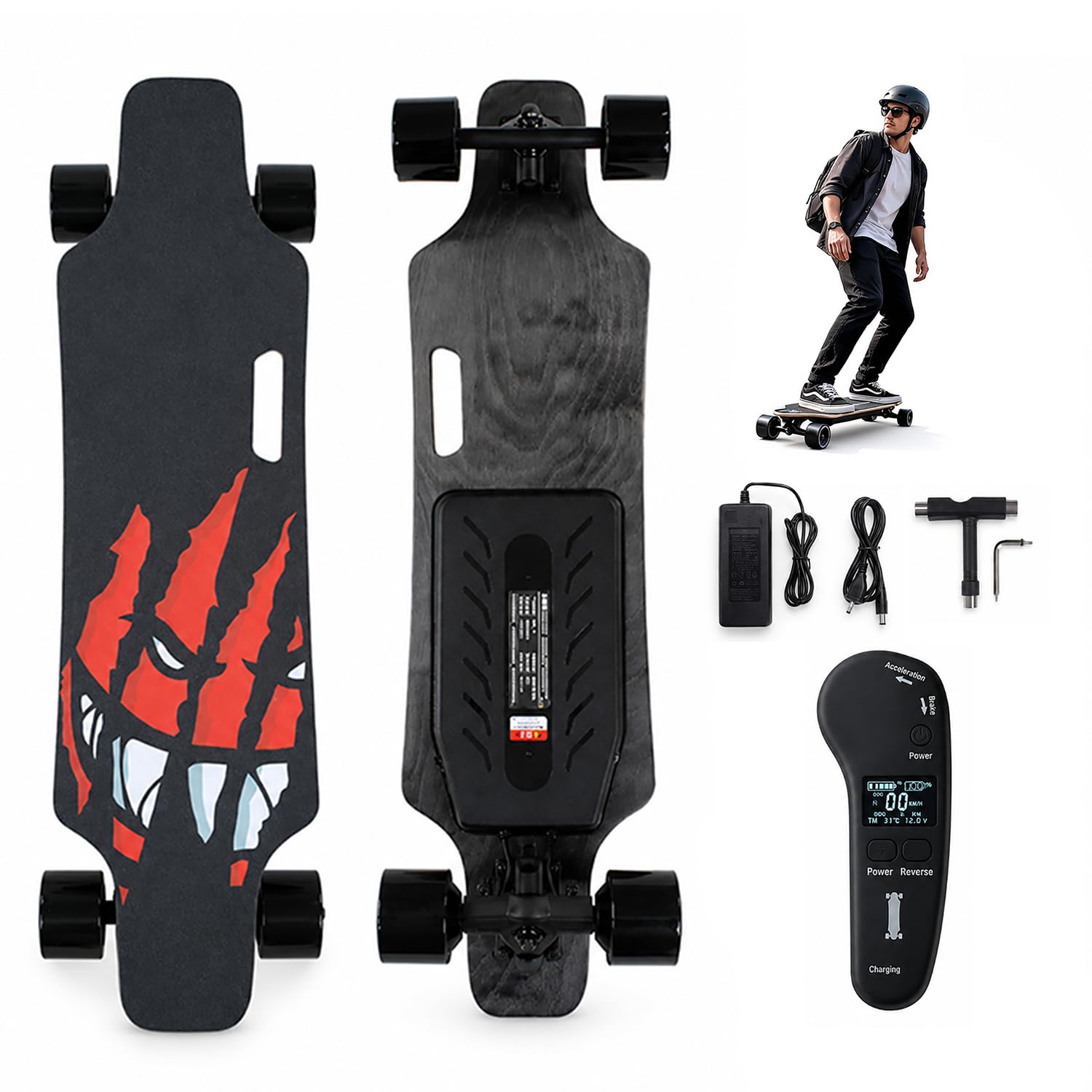 Elektro Longboard, Neues Elektrisches Skateboard mit LCD Remote, Dual Drive Output, 150 kg Belastung, 83 x 21 cm Ahorn-Deck, PU-Rollen, tragbares Board für Park und Campus B30km