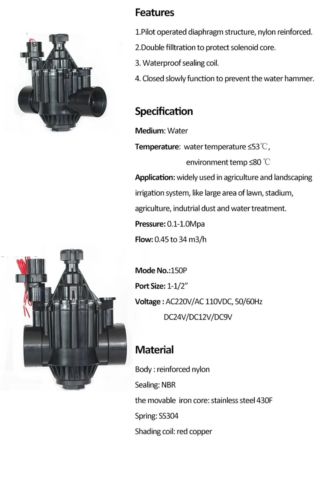 Zawór elektromagnetyczny 1-1/2" 2", normalnie zamknięty, woda 220 V, 12 V, 24 V, zawór nylonowy do nawadniania ogrodów rolnych i krajobrazów (2, DC Latching (9-12 V))