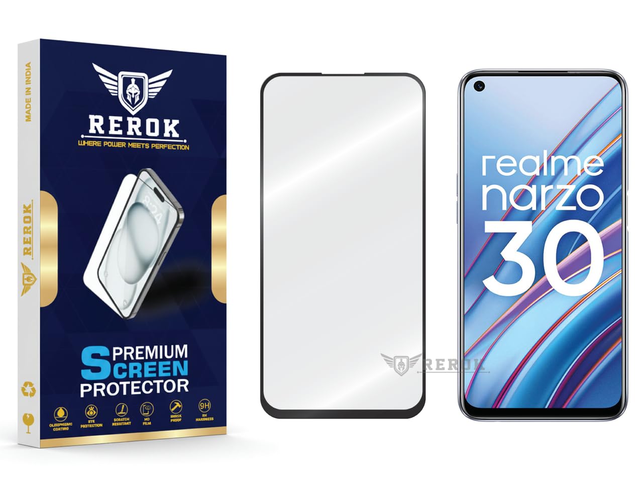 REROK Military-Grade Tempered Glass Screen Protector Compatible with Realme Narzo 30 [Pack of 1] | Edge-to-Edge, Oleophobic, Case Friendly, Easy Installation Kit