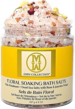 OMM Collection Natural Floral Soaking Bath Salt - Detox Body & Foot Soak - Bath Salt with Rose & Jasmine Petals - Pink Himalayan & Dead Sea Salt Flakes - Relaxing Bath Soak Jasmin Rose