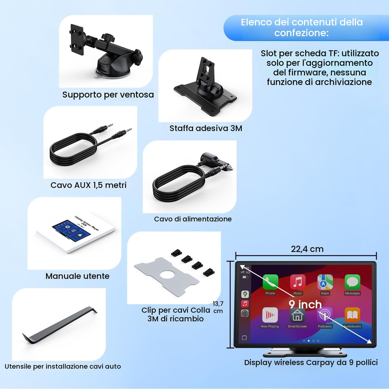 LAMTTO Carplay Wireless Schermo per Auto Portatile CarPlay e Android Auto, 9 Pollici Autoradio Senza Fili Stereo Car Play con Bluetooth/Navigazione/Assistente Vocale/Mirror Link/FM/AUX