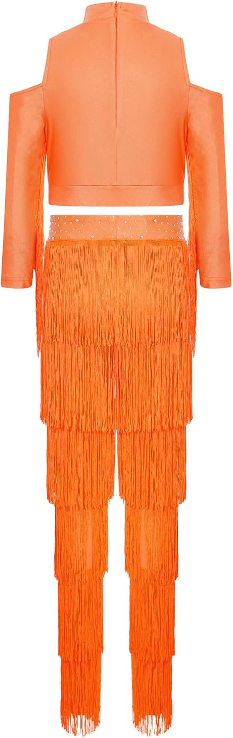 Freebily Kids Girls Latin Dance Outfit Tassel Crop Top Fringe Practice Pants Set Tango Jazz Ballroom Dancewear Fluorescent Orange 12 Years