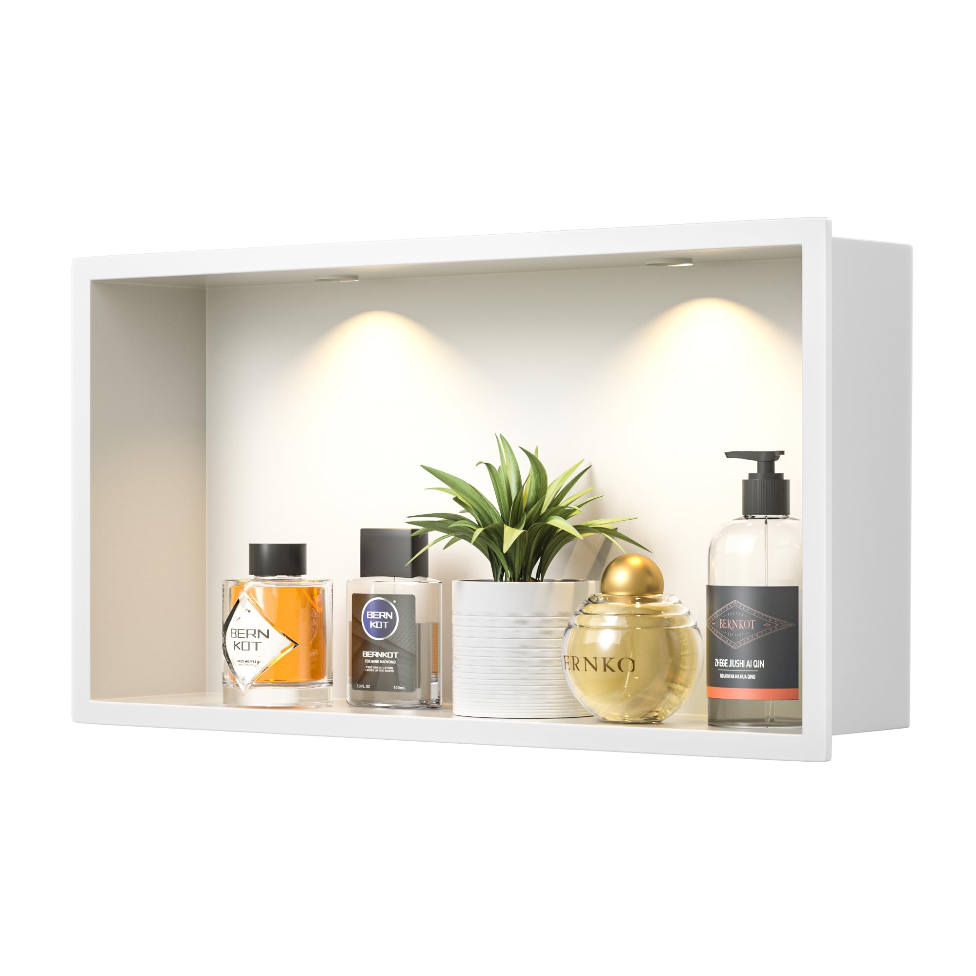 Ducha de pared de acero inoxidable con downlight, 60 cm x 30 cm, resistente al agua, no requiere azulejos, almacenamiento de baño, nicho, color blanco