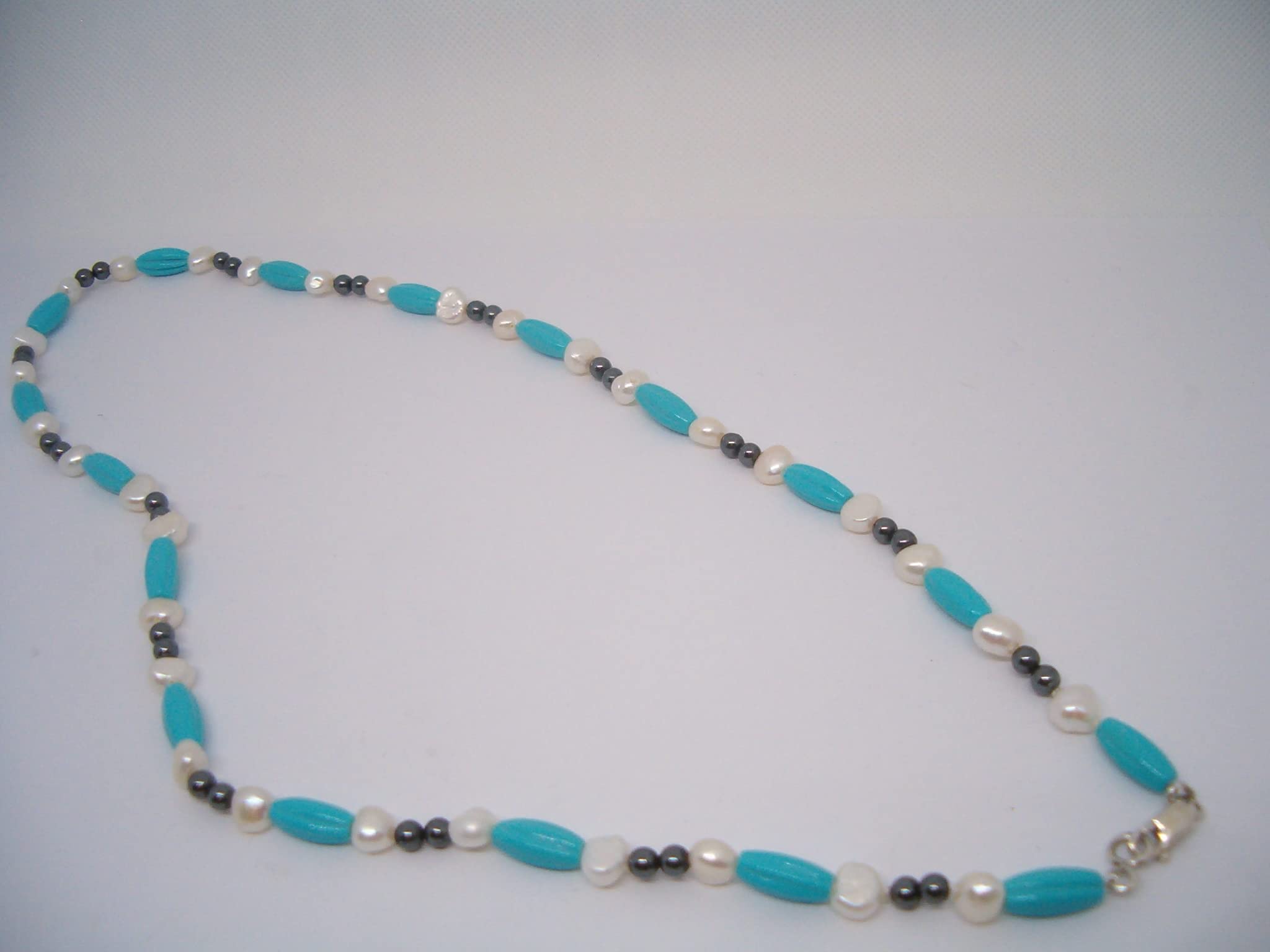 Collana in Neolite (Pasta di Turchese ricomposto), Perle e Pirite Naturali - Chiusura con Moschettone in Argento 925 - Girocollo con Pietre Dure